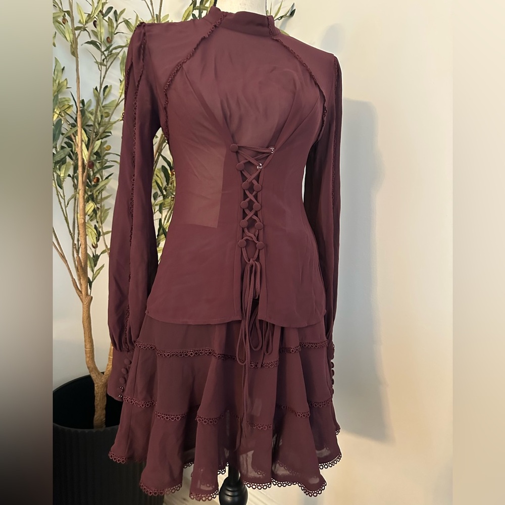 Bardot Burgundy Ruffle Blouse + Skirt 2pc Set Formal S/M
